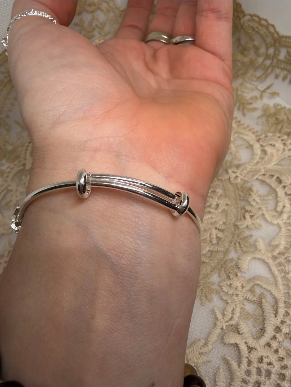 925 Sterling Silver Lace Leaf Adjustable Bangle Bracelet Heirloom French Market